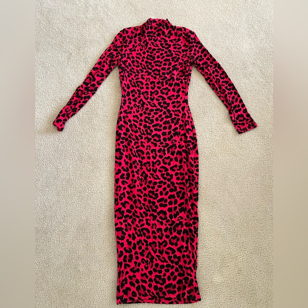 JLUXLABEL Red and Black Leopard Print Midi Dress